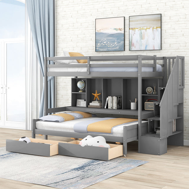 Twin XL over Full Bunk Bed with Built-in Storage Shelves, Drawers and Staircase,Gray - Home Elegance USA