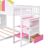 Twin over Full House Bunk Bed with Pink Staircase and Drawer,  Shelves Under the Staircase, House Shaped Bed with Windows, White - Home Elegance USA