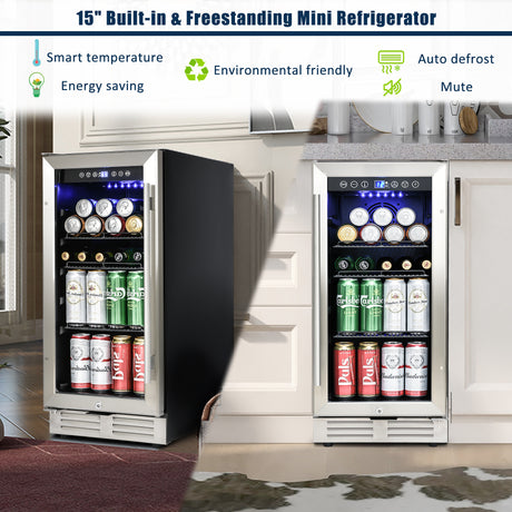 Built-in and Freestanding 15" Mini Beverage Refrigerator/Wine Cabinet, 120 Cans, 34-65°F, Quiet, Adjustable Shelves, LED Lighting, ETL , Touch Controls, Defrost, Double Glass Door, Kitchen/Bar /office