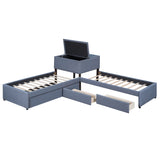 L-shaped Upholstered Platform Bed with Trundle and Two Drawers Linked with built-in Desk,Twin,Gray - Home Elegance USA