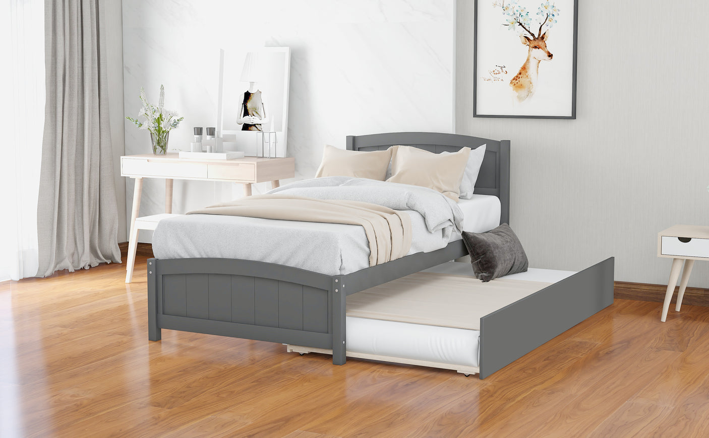 Twin size Platform Bed with Trundle, Gray - Home Elegance USA