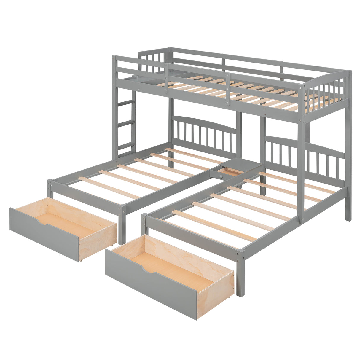 Twin over Twin & Twin Bunk Bed with Two Drawers and Built-in Middle Drawer, Gray - Home Elegance USA