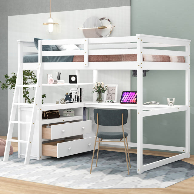 Full Size Loft Bed with Desk and Shelves,Two Built-in Drawers,White - Home Elegance USA