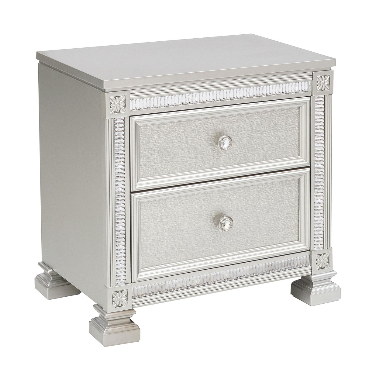 Glamorous Modern Design 1pc Nightstand of 2x Drawers Faux Crystal Knobs Silver Finish Furniture - Home Elegance USA