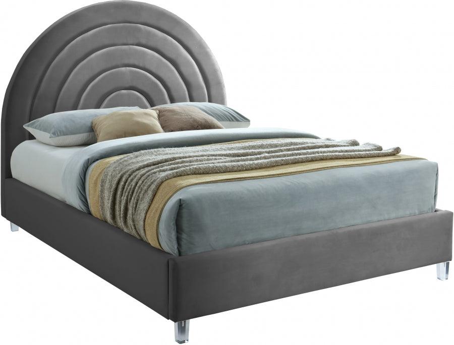 Meridian Furniture - Rainbow Velvet Queen Bed In Grey - Rainbowgrey-Q