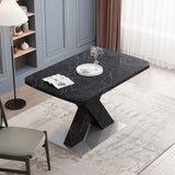 Modern Square Dining Table,Stretchable,Printed Black Marble Table Top+MDF X-Shape Table Leg with Metal Base - Home Elegance USA