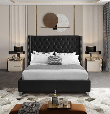 Meridian Furniture - Aiden Velvet Queen Bed In Black - Aidenblack-Q