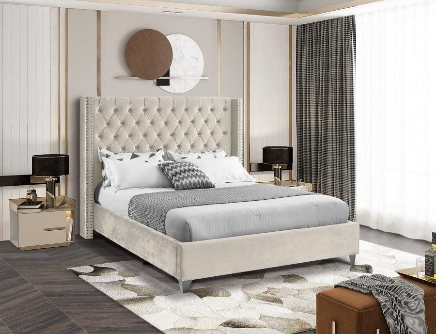 Meridian Furniture - Aiden Velvet Queen Bed In Cream - Aidencream-Q