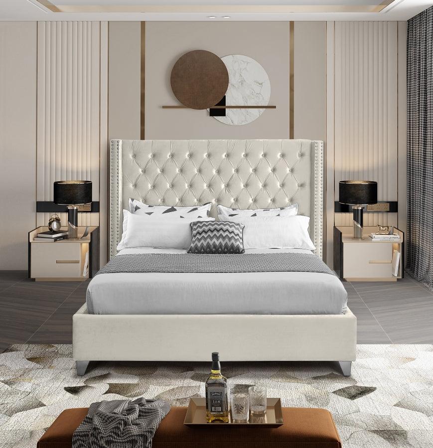 Meridian Furniture - Aiden Velvet Queen Bed In Cream - Aidencream-Q