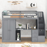 Twin Size Loft Bed with Wardrobe and Staircase, Desk and Storage Drawers and Cabinet in 1,Gray - Home Elegance USA