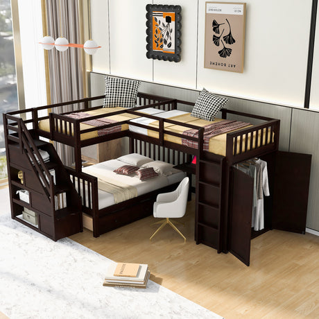 Twin-Twin over Full L-Shaped Bunk Bed With 3 Drawers, Portable Desk and Wardrobe, Espresso - Home Elegance USA
