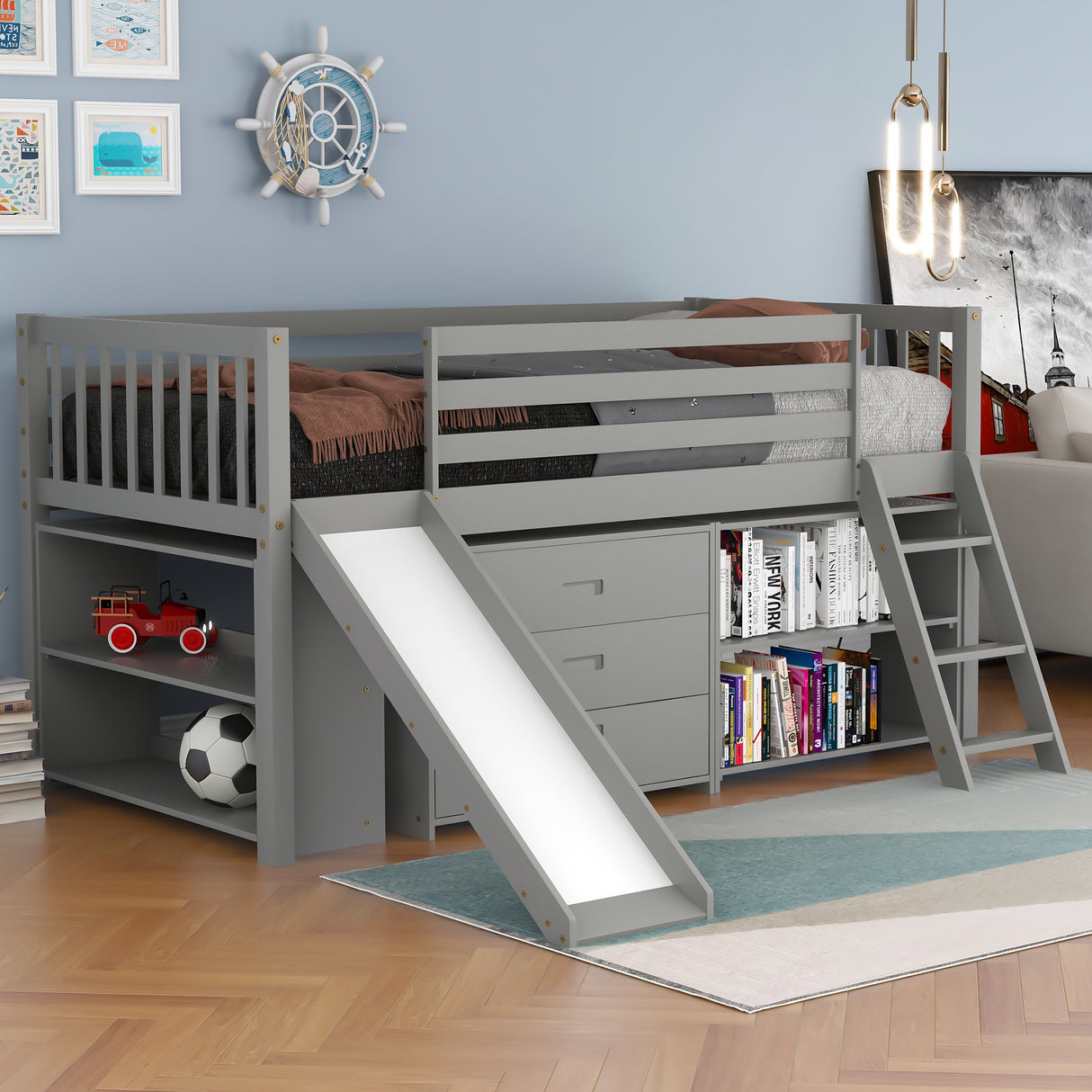 Low Loft Bed with Attached Bookcases and Separate 3-tier Drawers,Convertible Ladder and Slide,Twin,Gray - Home Elegance USA