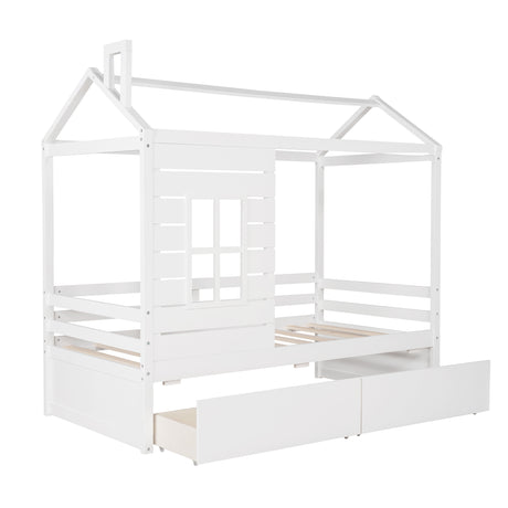 Twin Size House Bed Wood Bed with Two Drawers ( White ) - Home Elegance USA