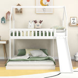 Twin over Full House Bunk Bed with Slide and Built-in Ladder,Full-Length Guardrail,White - Home Elegance USA