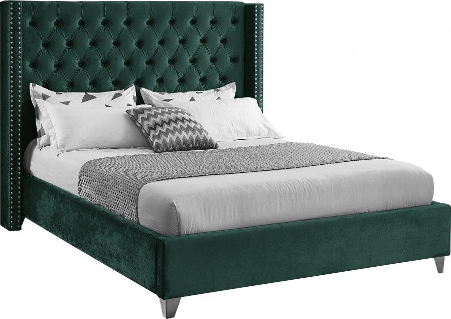 Meridian Furniture - Aiden Velvet Queen Bed In Green - Aidengreen-Q