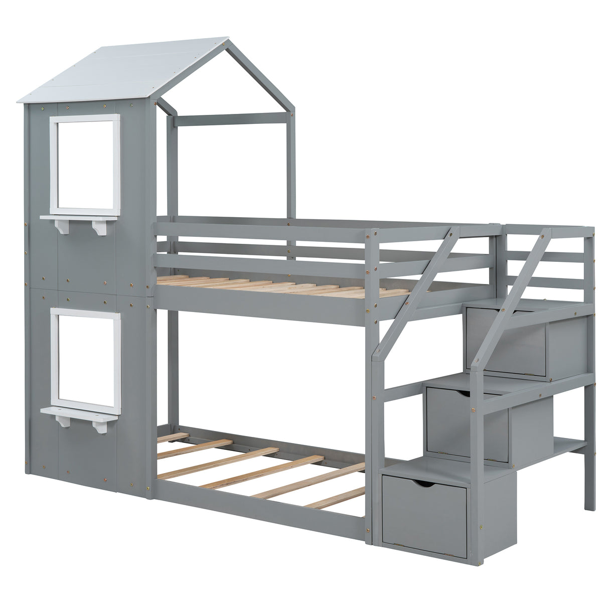 Twin Over Twin Bunk Bed with Storage Stairs,Wood Bed with Roof, Window, Guardrail, Ladder，Gray+White - Home Elegance USA