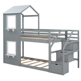 Twin Over Twin Bunk Bed with Storage Stairs,Wood Bed with Roof, Window, Guardrail, Ladder，Gray+White - Home Elegance USA