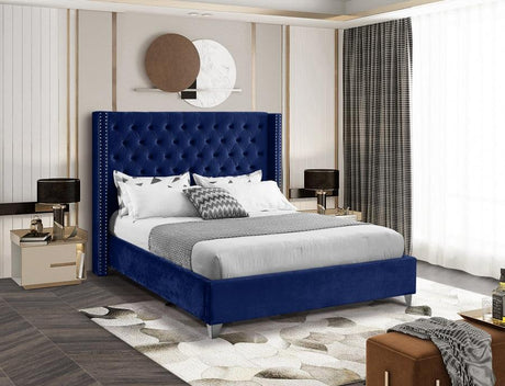 Meridian Furniture - Aiden Velvet Queen Bed In Navy - Aidennavy-Q