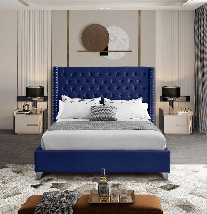 Meridian Furniture - Aiden Velvet Queen Bed In Navy - Aidennavy-Q