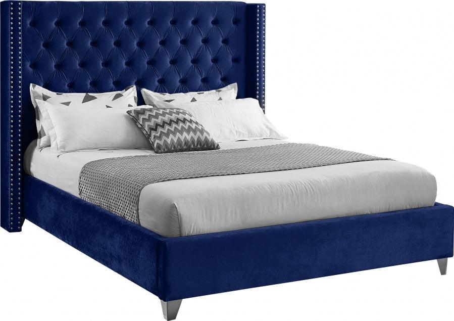 Meridian Furniture - Aiden Velvet Queen Bed In Navy - Aidennavy-Q