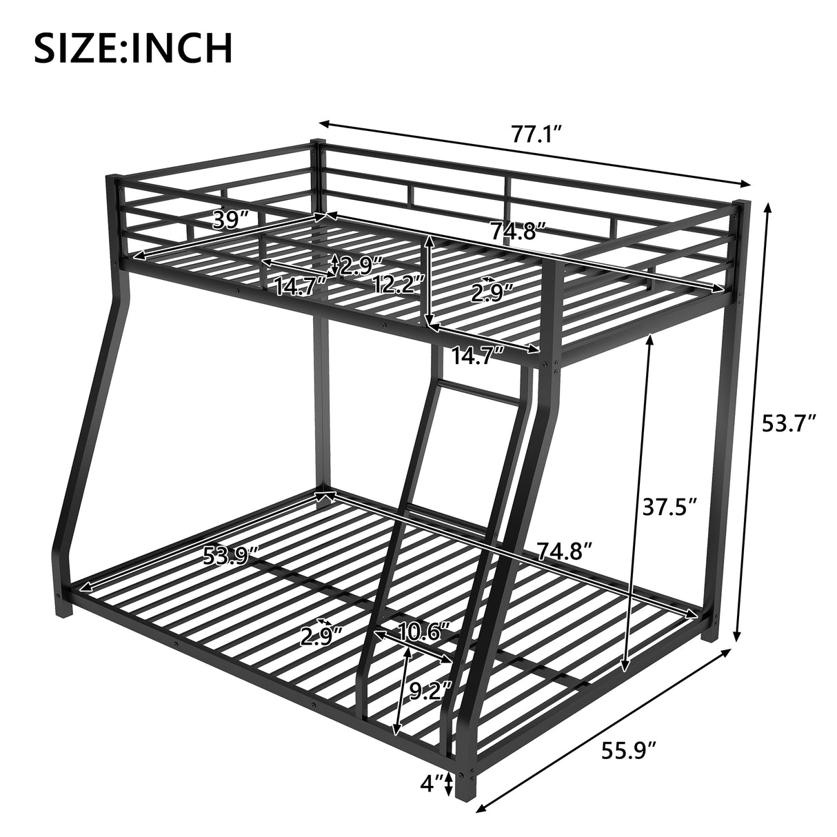 Metal Floor Bunk Bed, Twin over Full,Black(OLD SKU:MF193244AAB) - Home Elegance USA