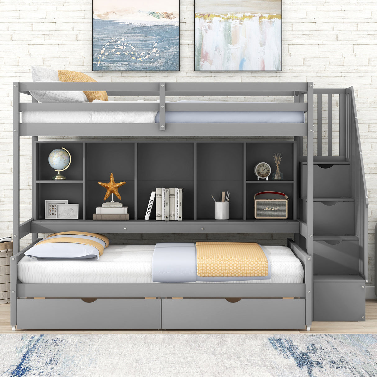 Twin XL over Full Bunk Bed with Built-in Storage Shelves, Drawers and Staircase,Gray - Home Elegance USA