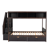 Twin over Full Bunk Bed with Shelfs, Storage Staircase and 2 Drawers, Espresso - Home Elegance USA