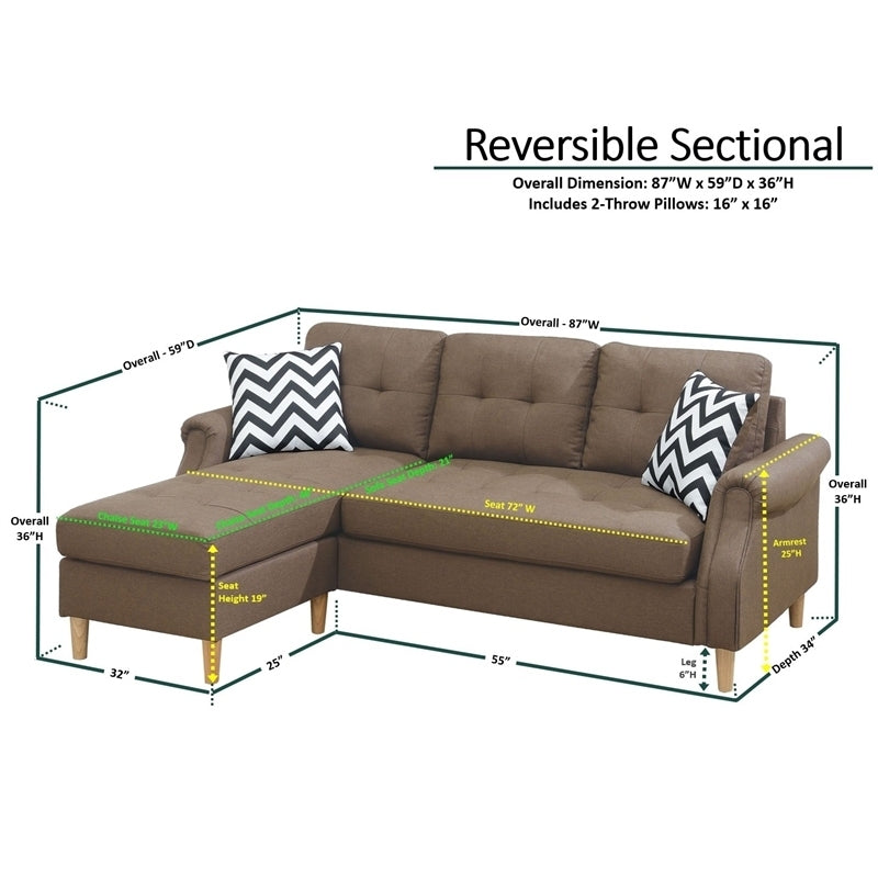 Living Room Corner Sectional Light Coffee Polyfiber Chaise sofa Reversible Sectional - Home Elegance USA