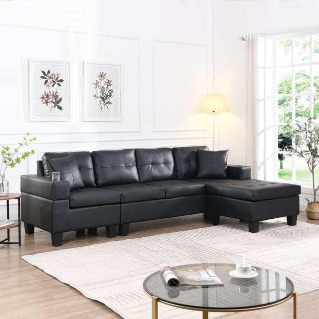 Sectional Sofa Set for Living Room with L Shape  Chaise Lounge ,cup holder and  Left or Right Hand Chaise  Modern 4 Seat (BLACK) - Home Elegance USA