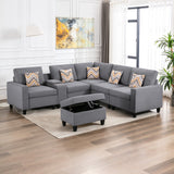 Nolan Gray Linen Fabric 7Pc Reversible Sectional Sofa with Interchangeable Legs, Pillows, Storage Ottoman, and a USB, Charging Ports, Cupholders, Storage Console Table - Home Elegance USA