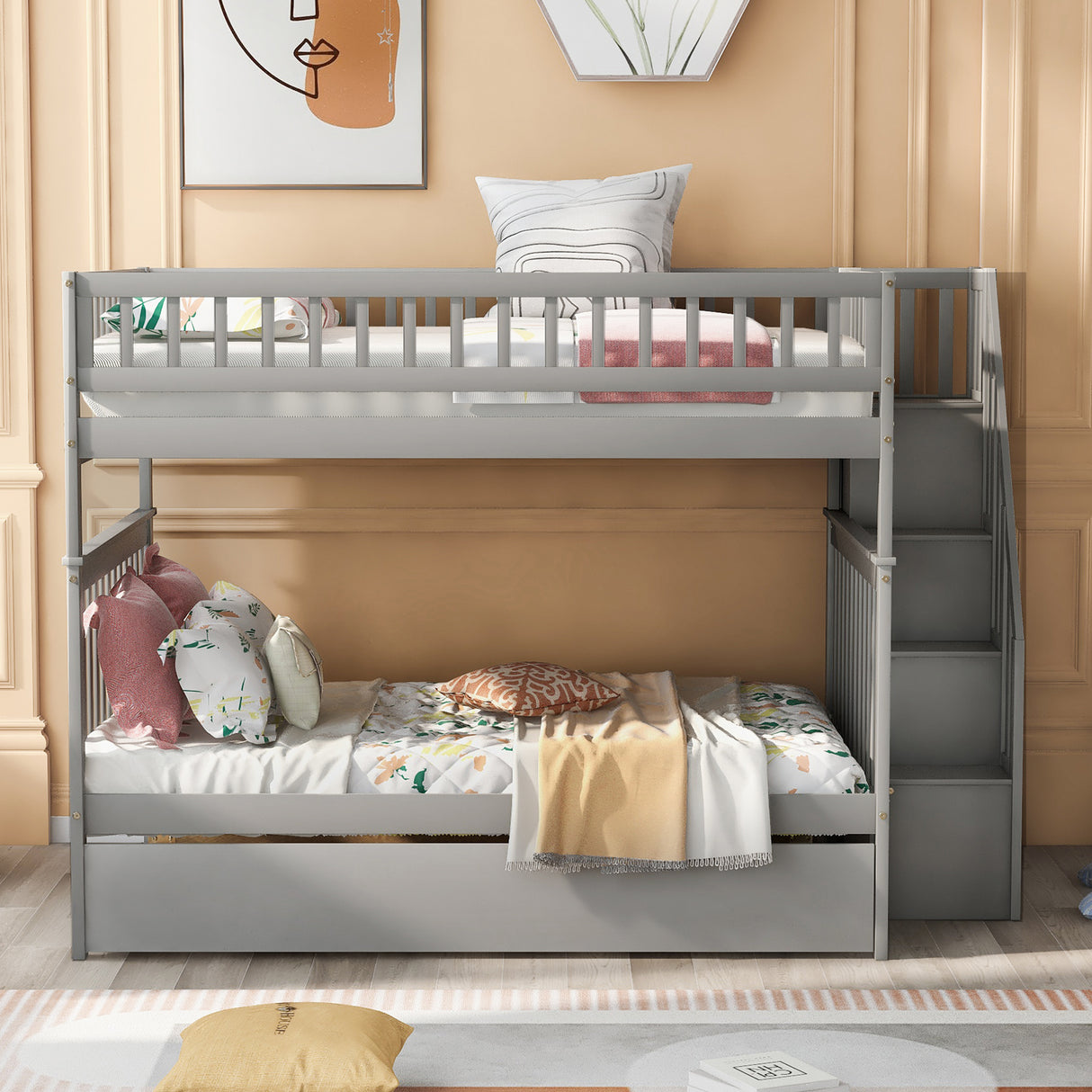 Full over Full Bunk Bed with Trundle and Staircase,Gray - Home Elegance USA