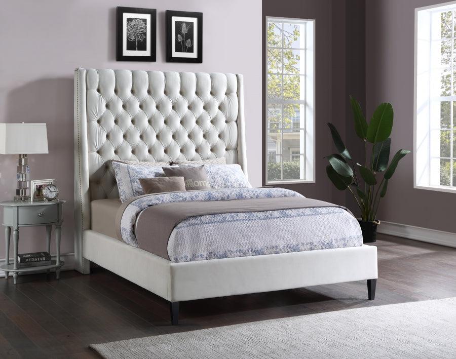 Meridian Furniture - Fritz Velvet Queen Bed In Cream - Fritzcream-Q