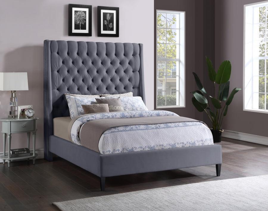 Meridian Furniture - Fritz Velvet Queen Bed In Grey - Fritzgrey-Q