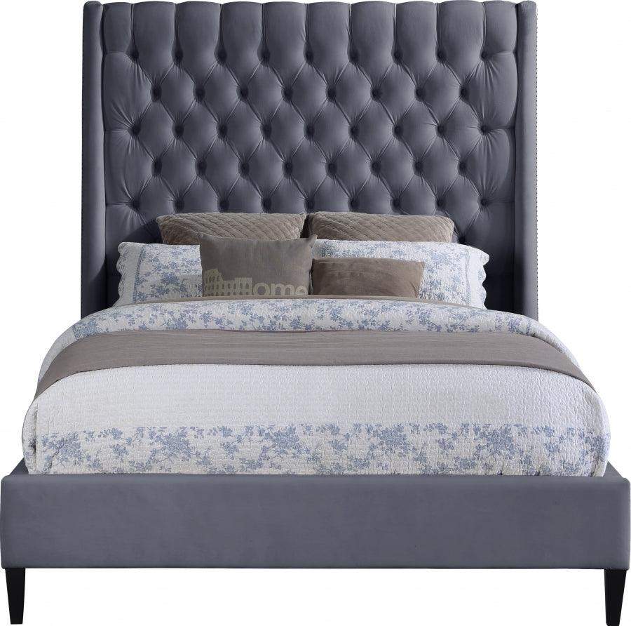 Meridian Furniture - Fritz Velvet Queen Bed In Grey - Fritzgrey-Q