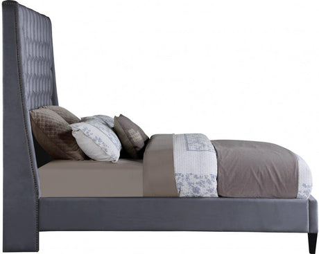 Meridian Furniture - Fritz Velvet Queen Bed In Grey - Fritzgrey-Q