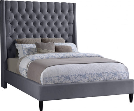 Meridian Furniture - Fritz Velvet Queen Bed In Grey - Fritzgrey-Q