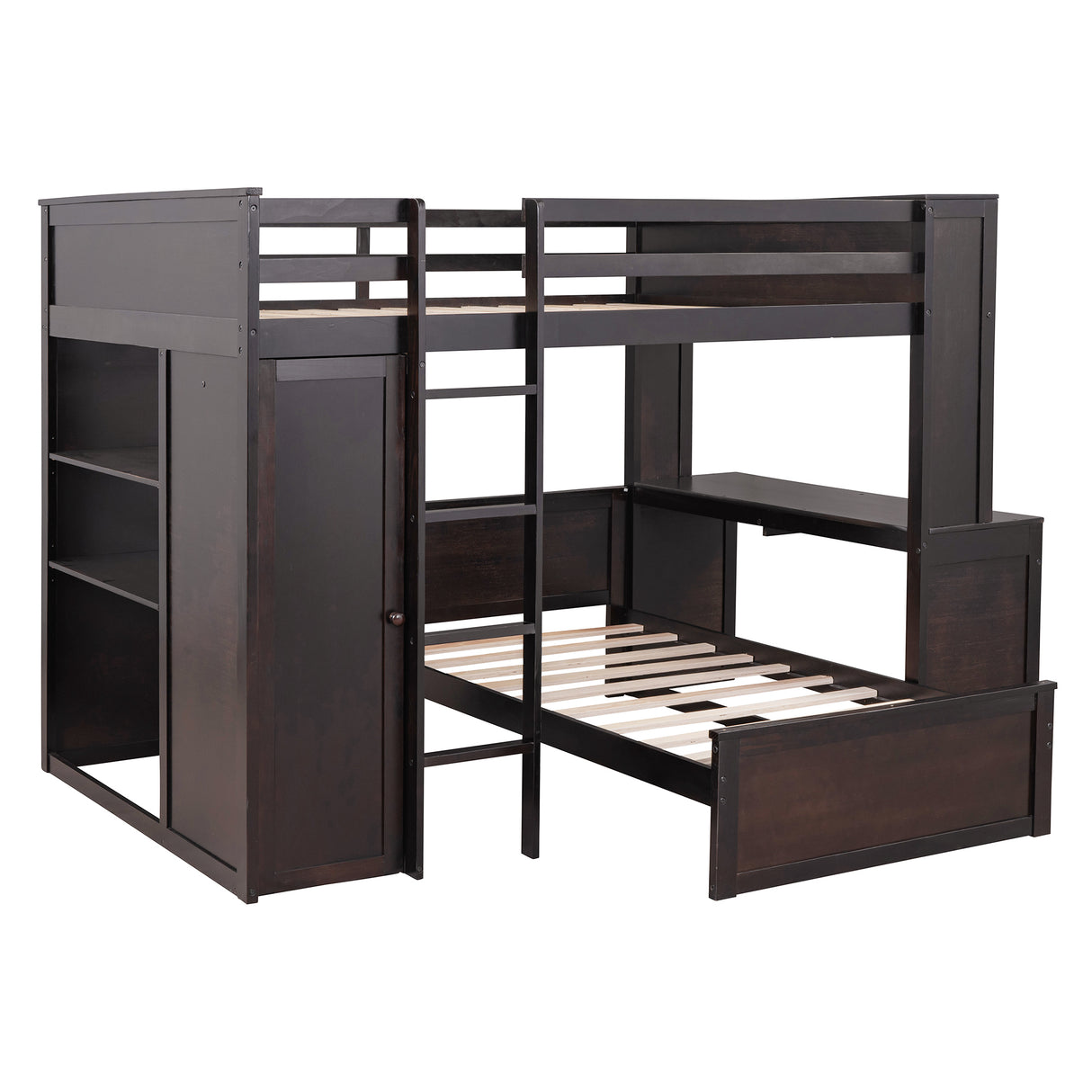 Full size Loft Bed with a twin size Stand-alone bed, Shelves,Desk,and Wardrobe-Espresso - Home Elegance USA