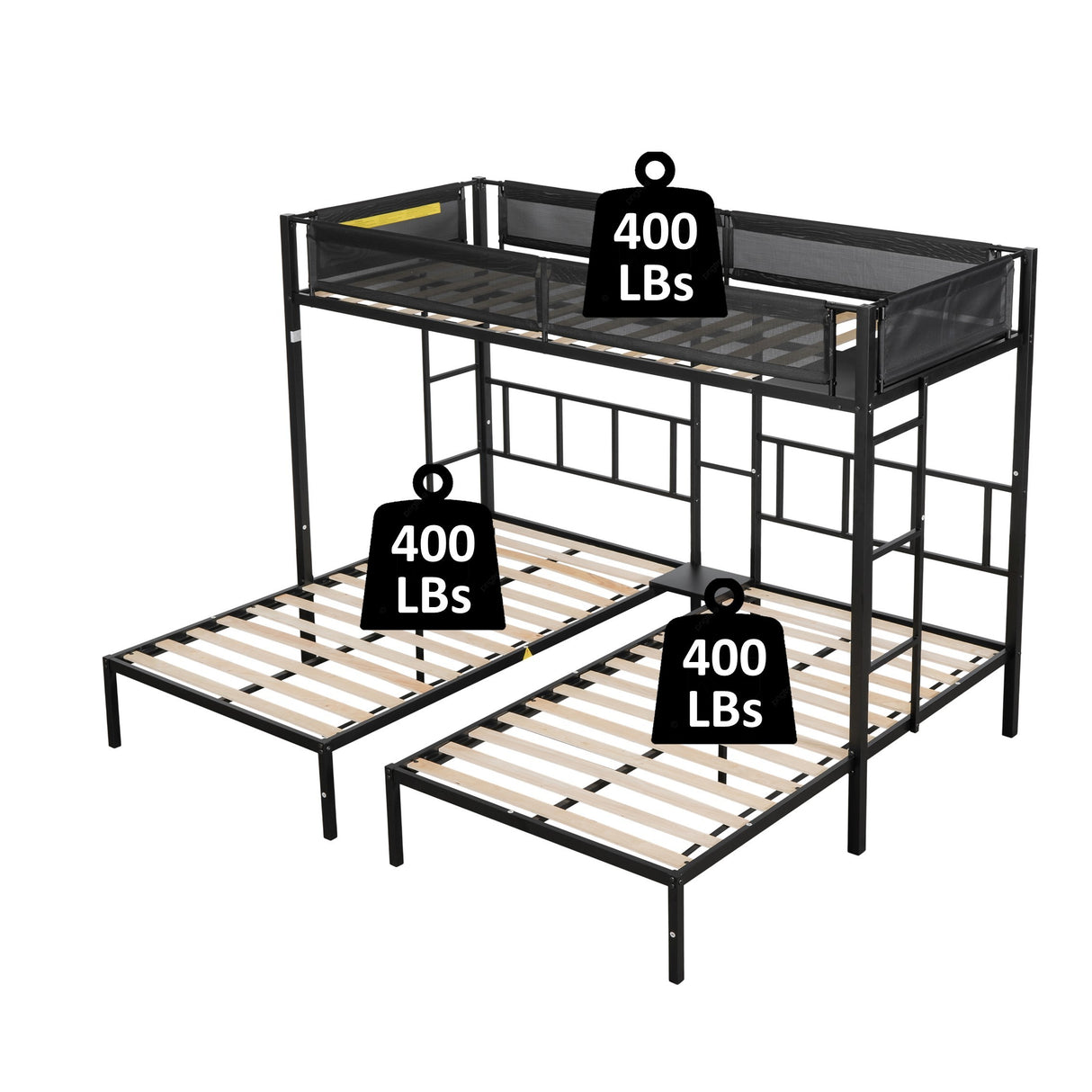 Triple twin bunk bed (Wood Slat and Textilene Guardrail) - Home Elegance USA