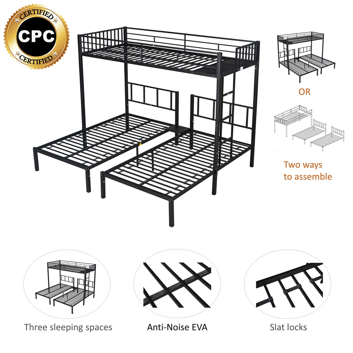 Triple twin bunk bed, can be separated into 3 twin beds - Home Elegance USA