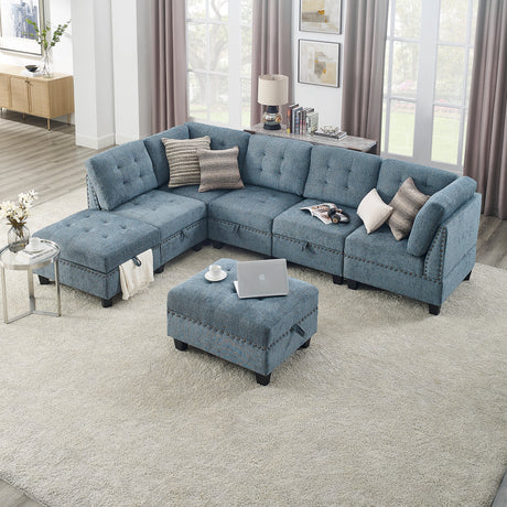 L shape Modular Sectional Sofa,DIY Combination,includes Three Single Chair ,Two Corner and Two Ottoman,Navy Blue - Home Elegance USA