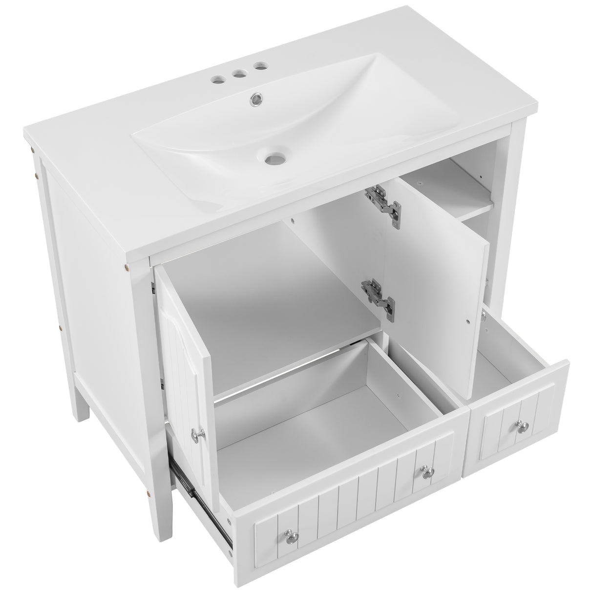 [VIDEO] 36" Bathroom Vanity with Ceramic Basin, Bathroom Storage Cabinet with Two Doors and Drawers, Solid Frame, Metal Handles, White