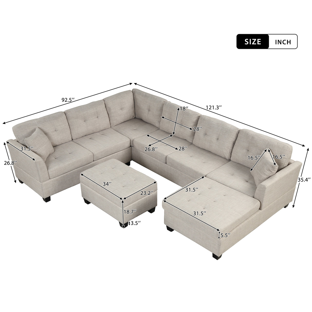 121.3" Oversized Sectional Sofa with Storage Ottoman, U Shaped Sectional Couch with 2 Throw Pillows for Large Space Dorm Apartment - SG000870AAA - image - 2