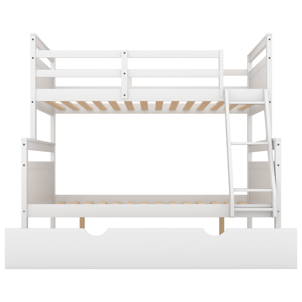 Twin over Full Bunk Bed with Ladder, Twin Size Trundle, Safety Guardrail, White - Home Elegance USA