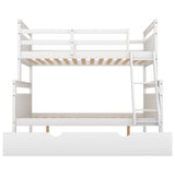 Twin over Full Bunk Bed with Ladder, Twin Size Trundle, Safety Guardrail, White - Home Elegance USA