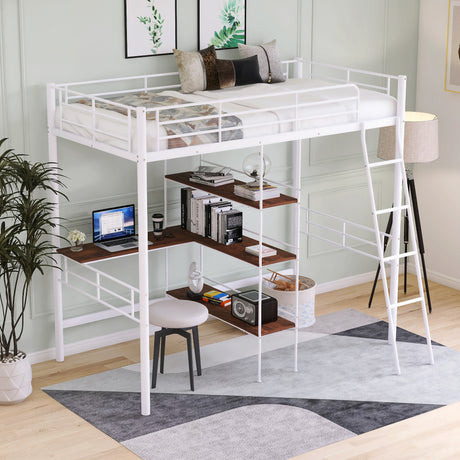 Twin Size Metal Loft Bed and Built-in Desk and Shelves,White（OLD SKU:WF280270AAK） - Home Elegance USA