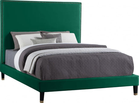 Meridian Furniture - Harlie Velvet Queen Bed In Green - Harliegreen-Q