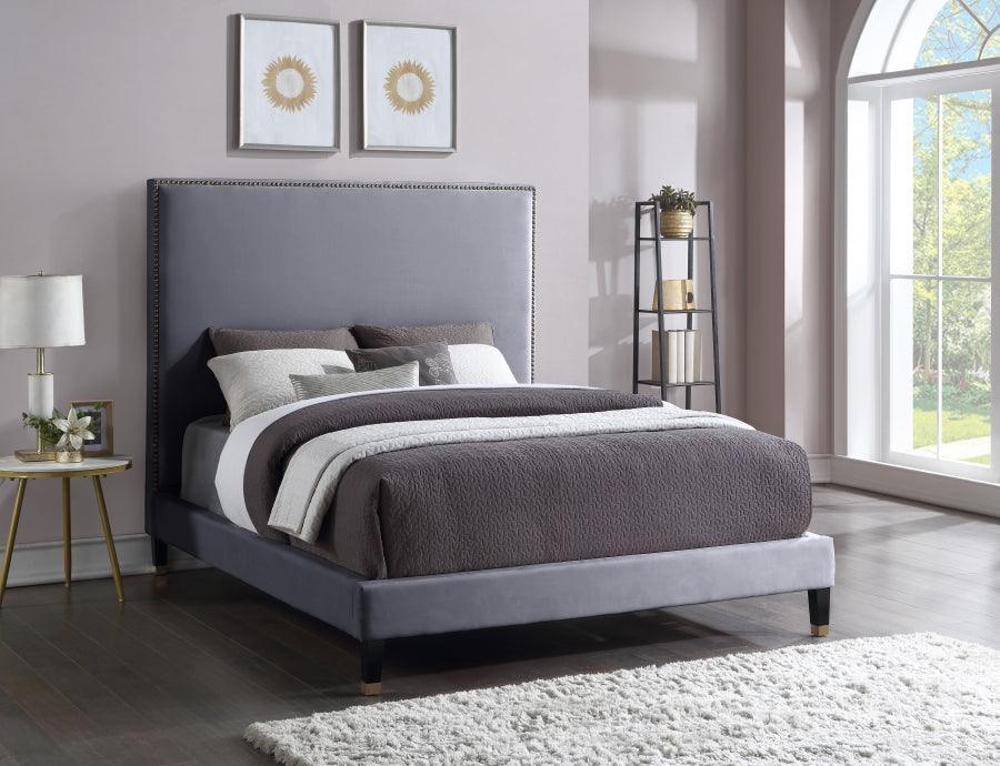 Meridian Furniture - Harlie Velvet Queen Bed In Grey - Harliegrey-Q