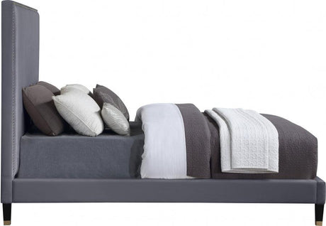 Meridian Furniture - Harlie Velvet Queen Bed In Grey - Harliegrey-Q