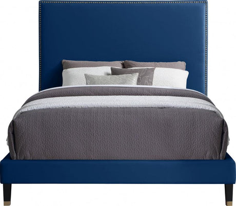 Meridian Furniture - Harlie Velvet Queen Bed In Navy - Harlienavy-Q