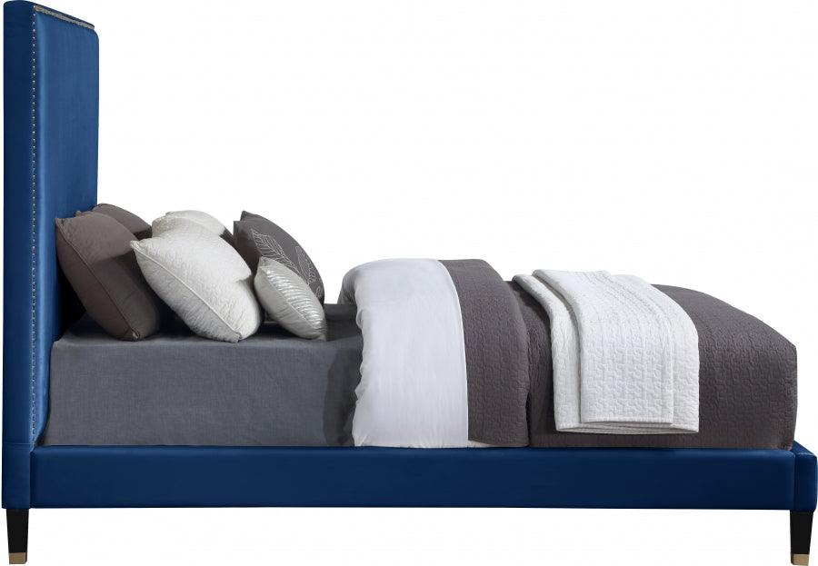 Meridian Furniture - Harlie Velvet Queen Bed In Navy - Harlienavy-Q